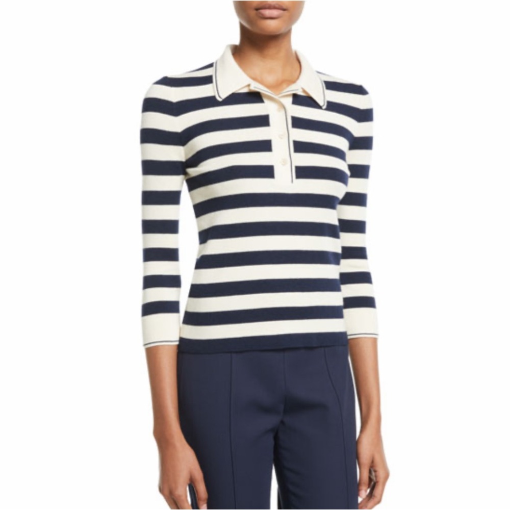 Loro Piana Long Sleeve Striped Cashmere Silk Blend Collared Sweater